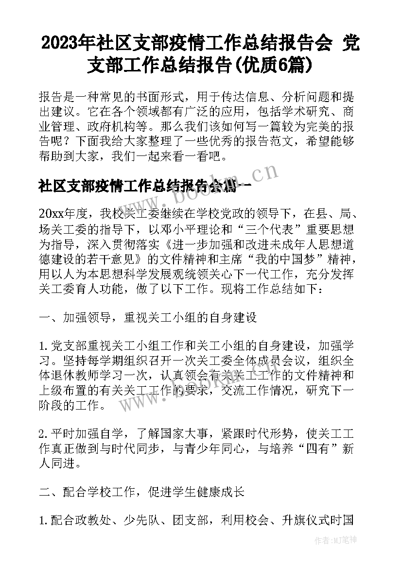 2023年社区支部疫情工作总结报告会 党支部工作总结报告(优质6篇)