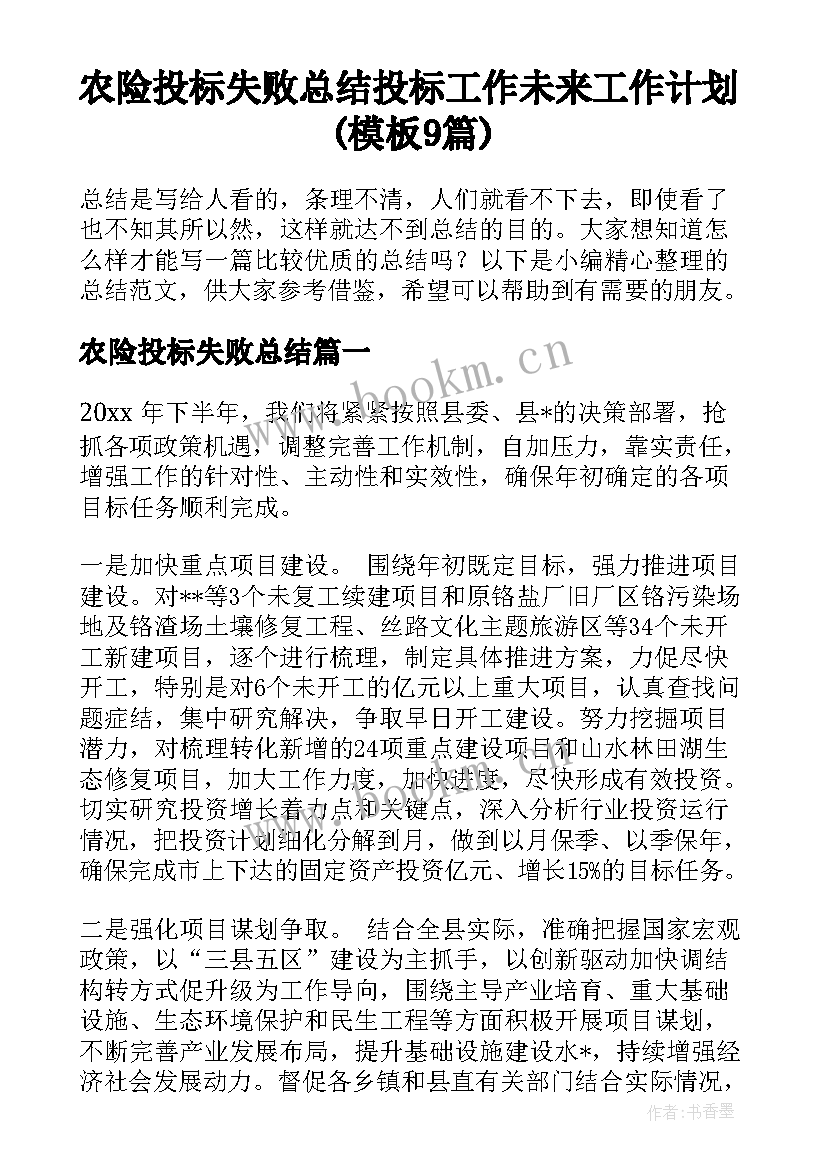 农险投标失败总结 投标工作未来工作计划(模板9篇)