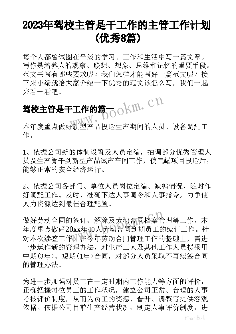 2023年驾校主管是干工作的 主管工作计划(优秀8篇)