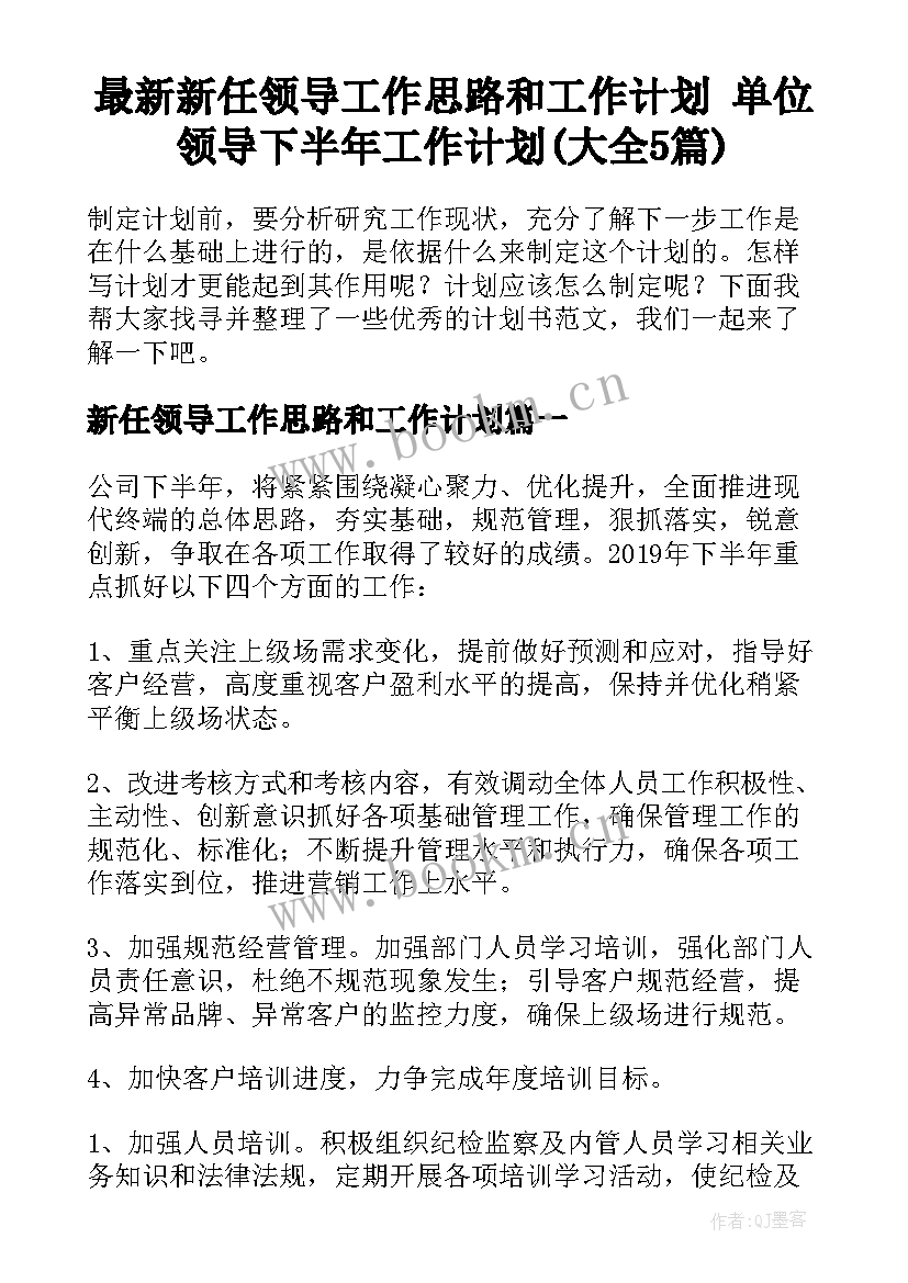 最新新任领导工作思路和工作计划 单位领导下半年工作计划(大全5篇)