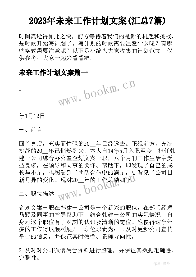 2023年未来工作计划文案(汇总7篇)