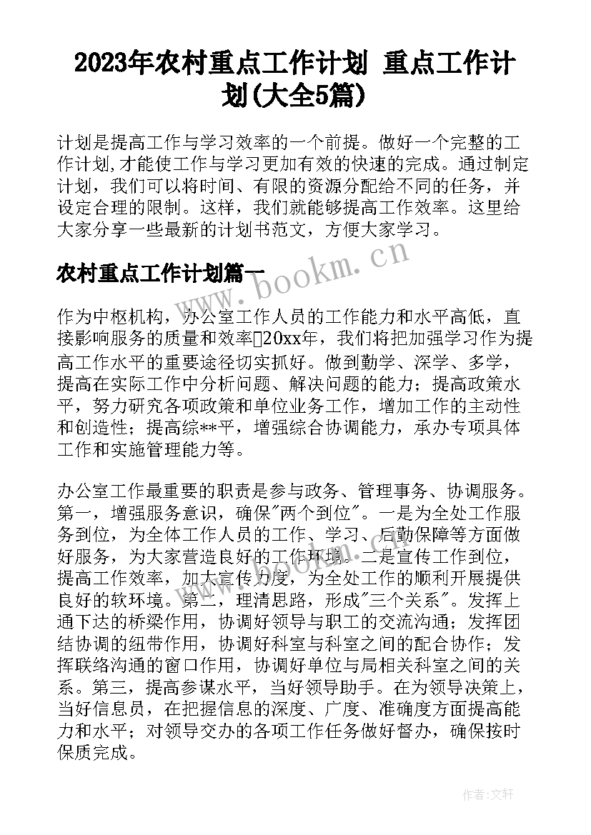 2023年农村重点工作计划 重点工作计划(大全5篇)