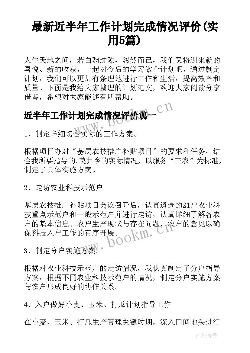 最新近半年工作计划完成情况评价(实用5篇)