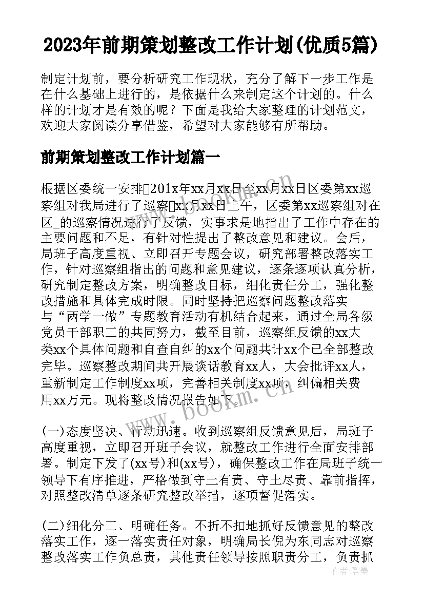 2023年前期策划整改工作计划(优质5篇)