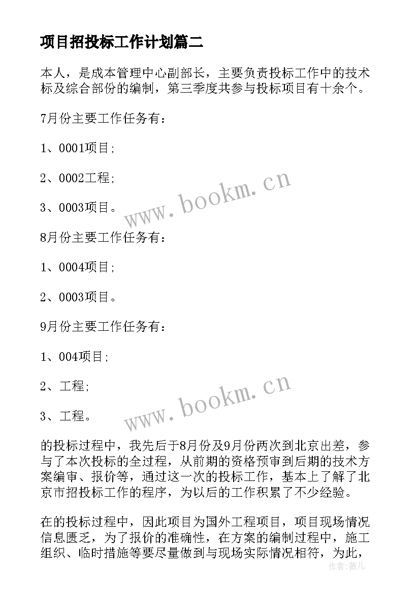 最新项目招投标工作计划(模板7篇)