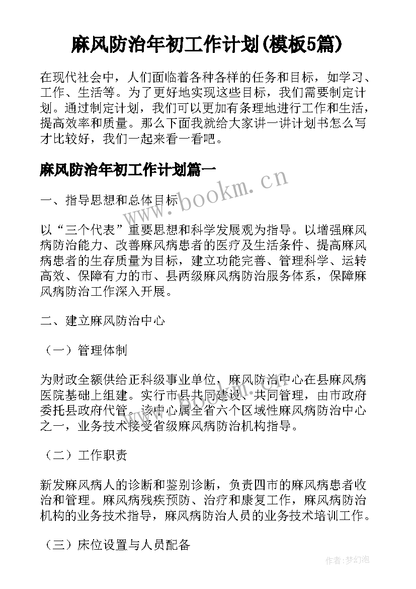 麻风防治年初工作计划(模板5篇)