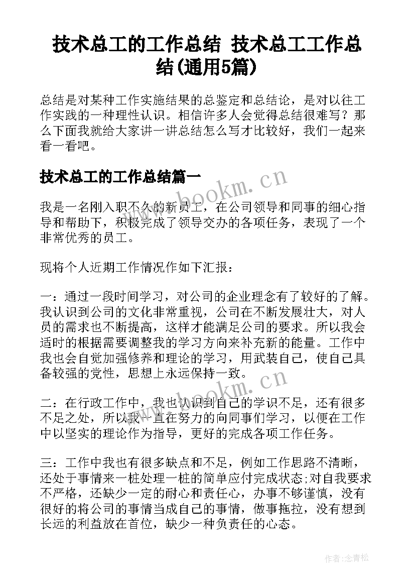 技术总工的工作总结 技术总工工作总结(通用5篇)