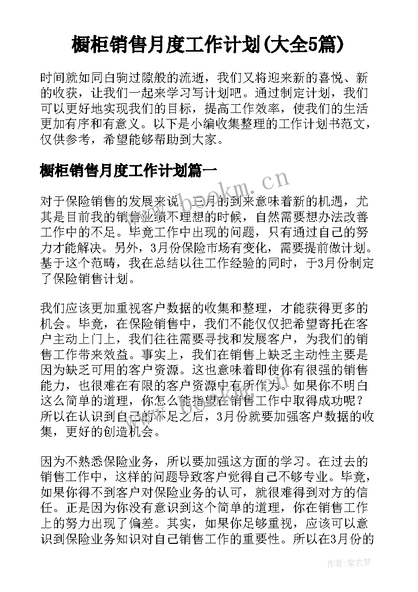 橱柜销售月度工作计划(大全5篇)