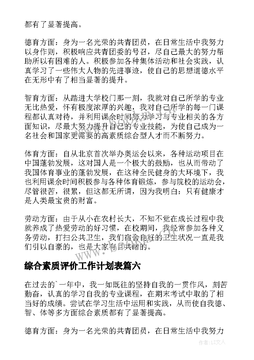 2023年综合素质评价工作计划表 综合素质评价自我评价(模板6篇)