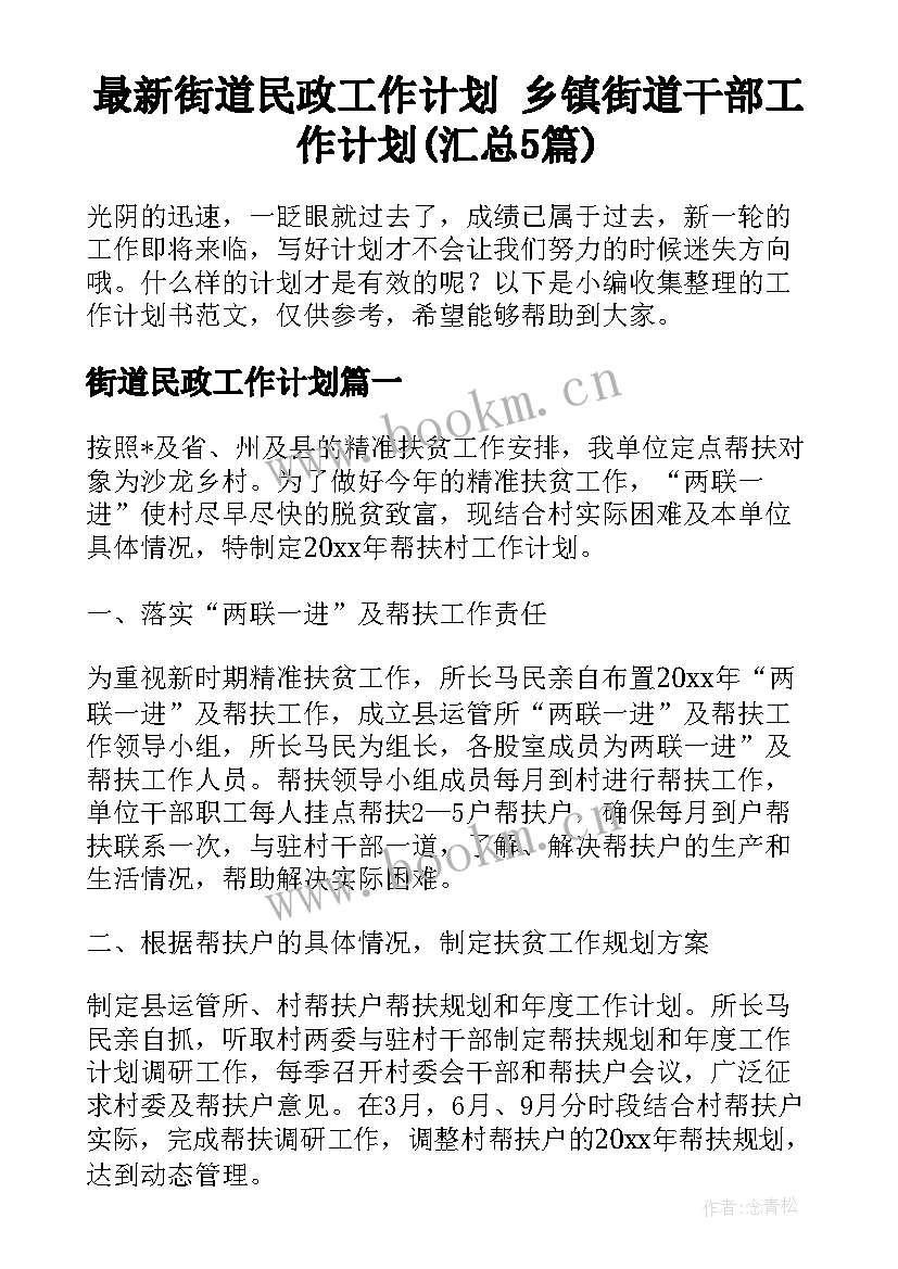 最新街道民政工作计划 乡镇街道干部工作计划(汇总5篇)