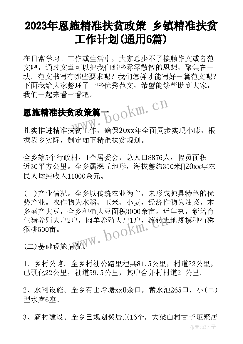 2023年恩施精准扶贫政策 乡镇精准扶贫工作计划(通用6篇)