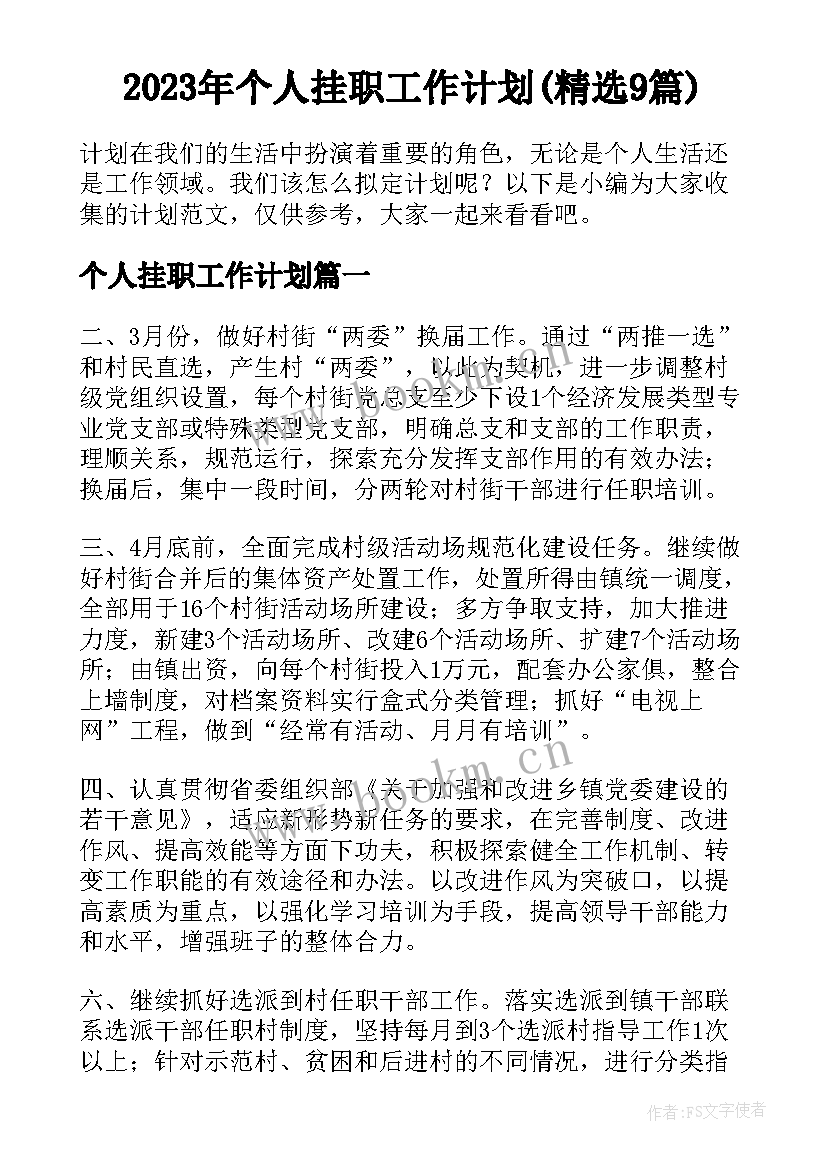 2023年个人挂职工作计划(精选9篇)