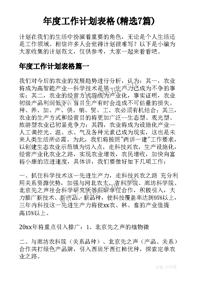 年度工作计划表格(精选7篇)