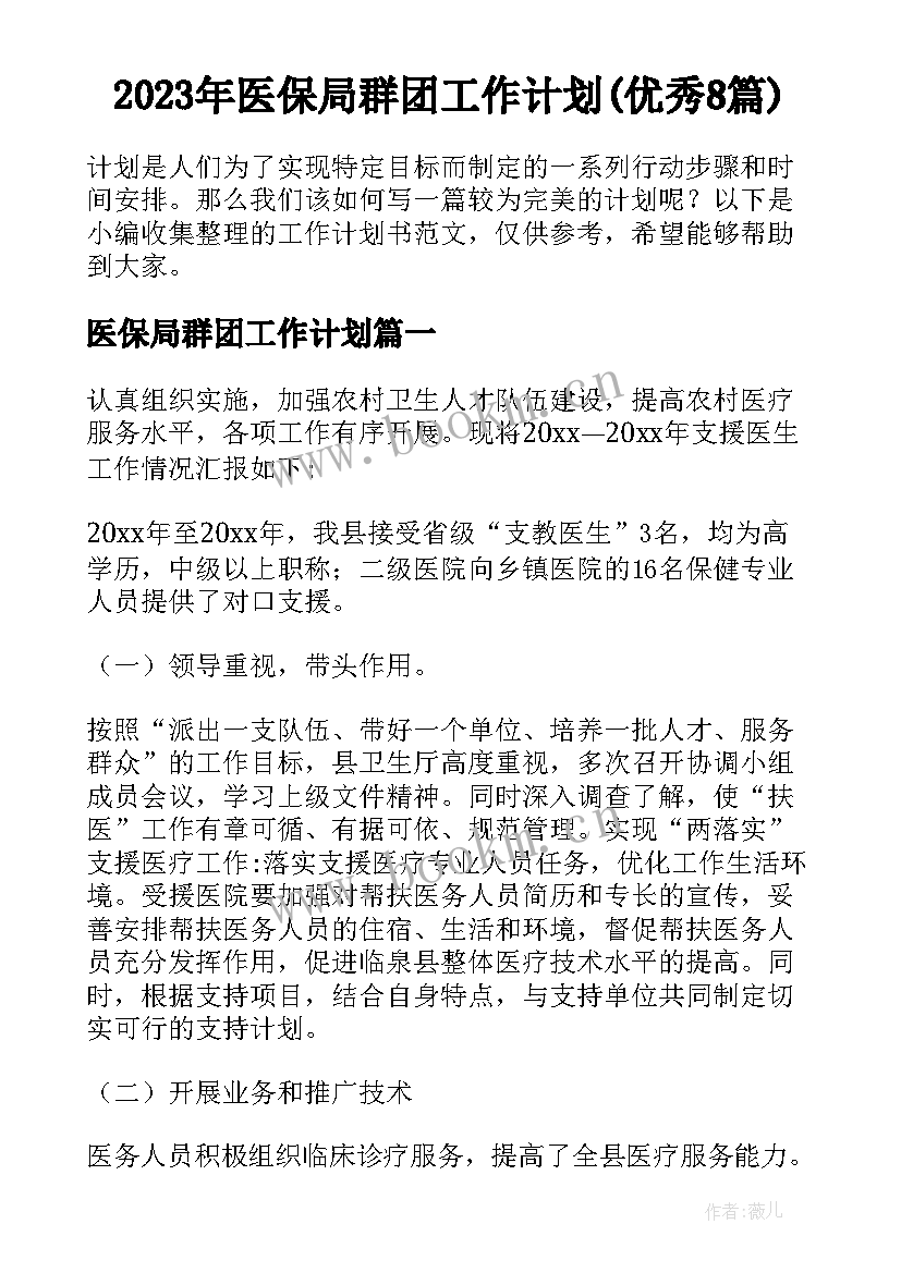 2023年医保局群团工作计划(优秀8篇)