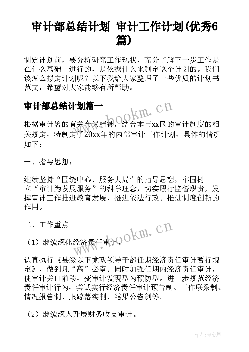 审计部总结计划 审计工作计划(优秀6篇)