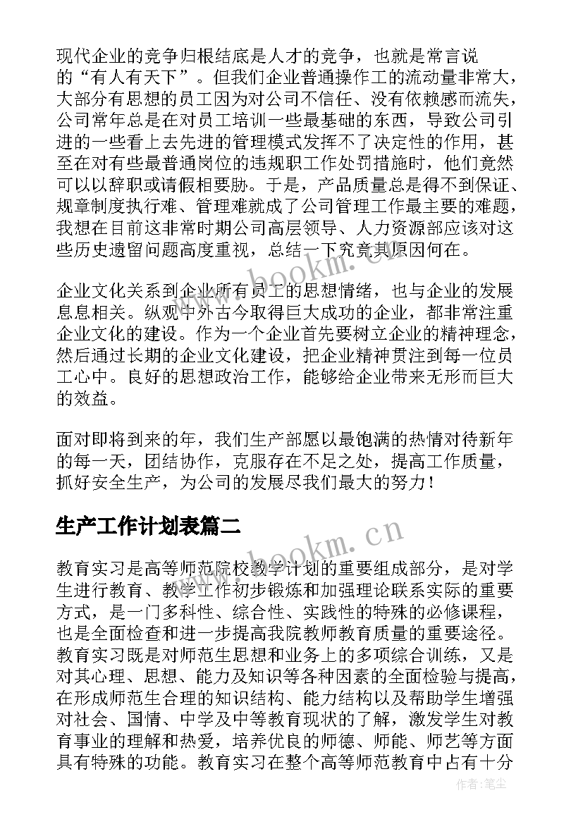 生产工作计划表 生产工作计划和管理内容实用(实用5篇)