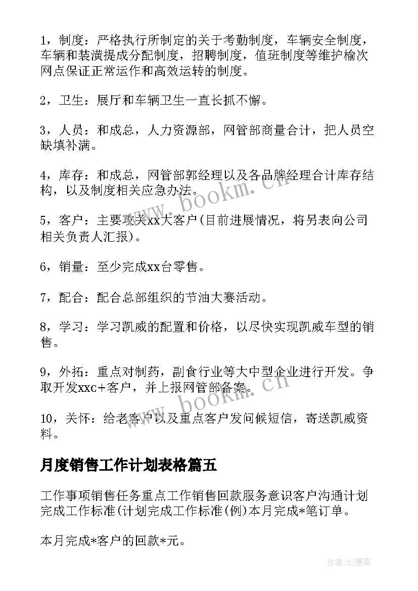 2023年月度销售工作计划表格 销售月度工作计划(优质10篇)