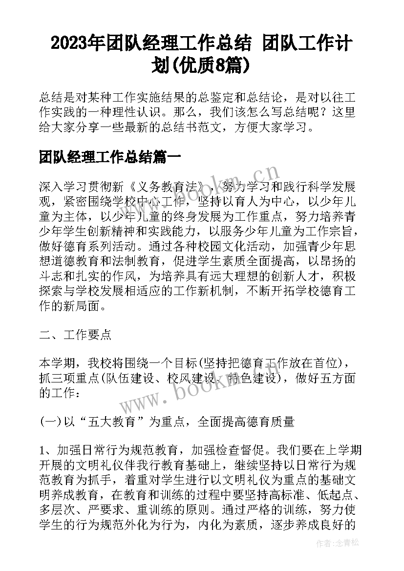 2023年团队经理工作总结 团队工作计划(优质8篇)