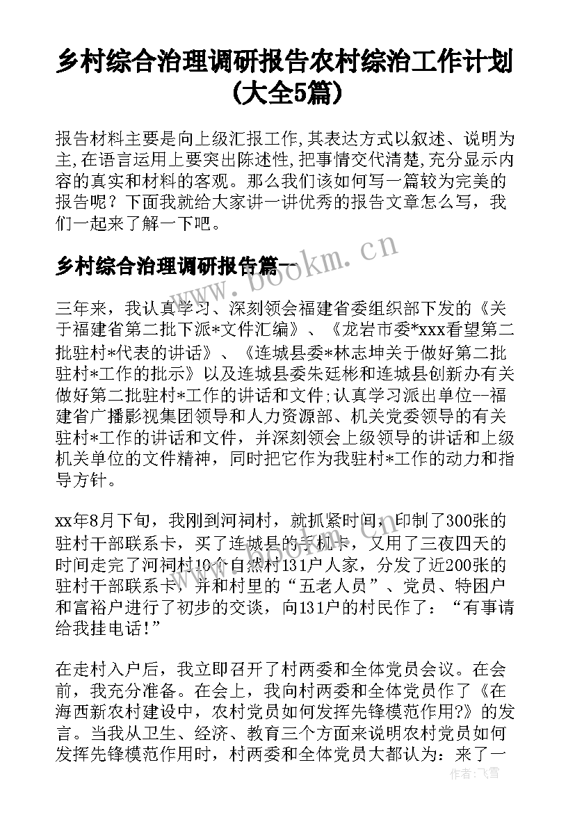 乡村综合治理调研报告 农村综治工作计划(大全5篇)