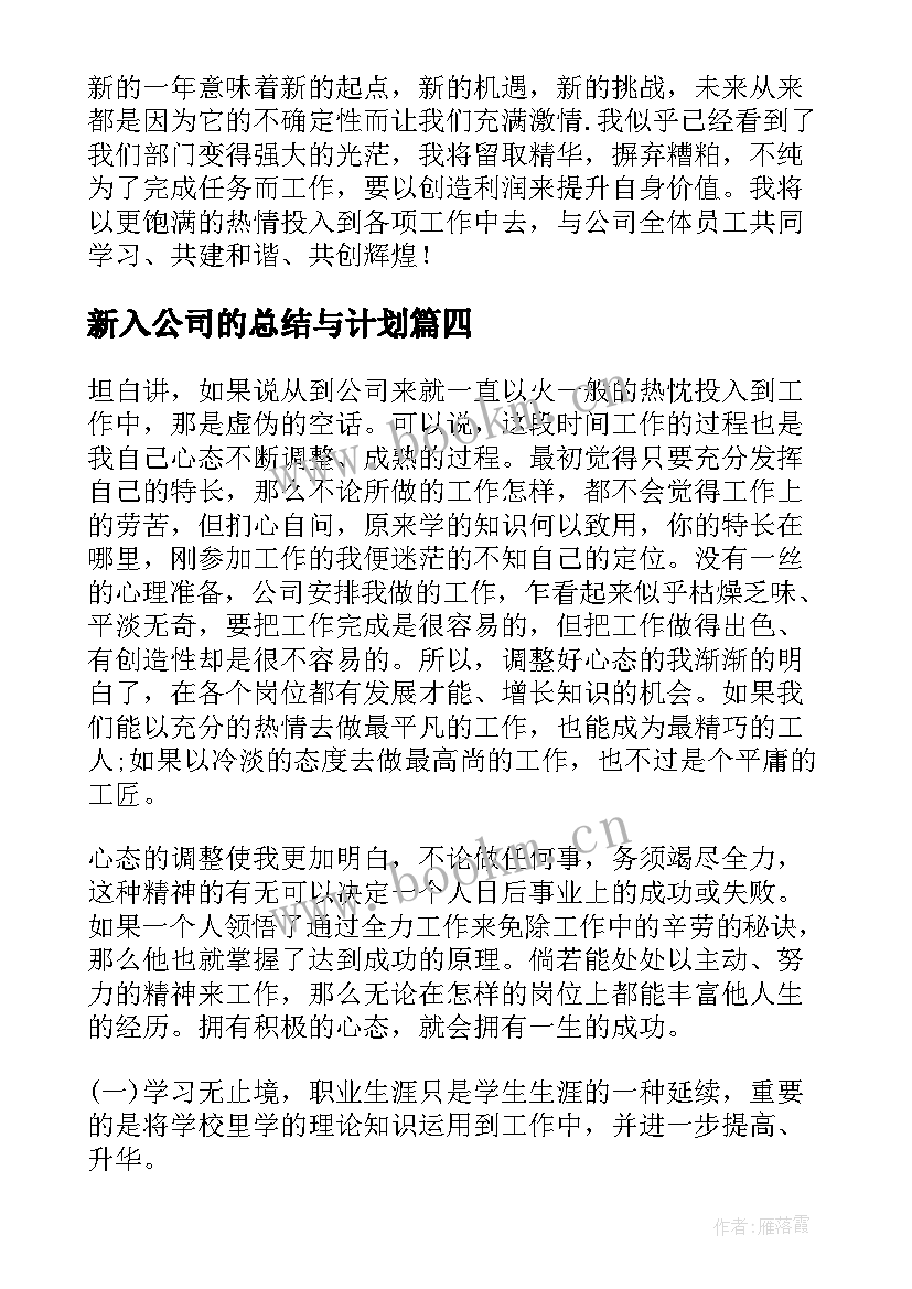 最新新入公司的总结与计划(优秀9篇)