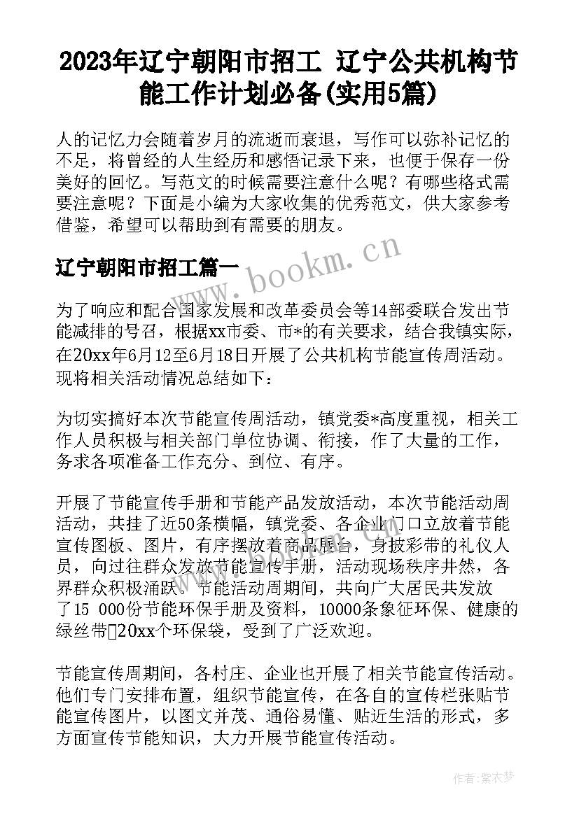 2023年辽宁朝阳市招工 辽宁公共机构节能工作计划必备(实用5篇)