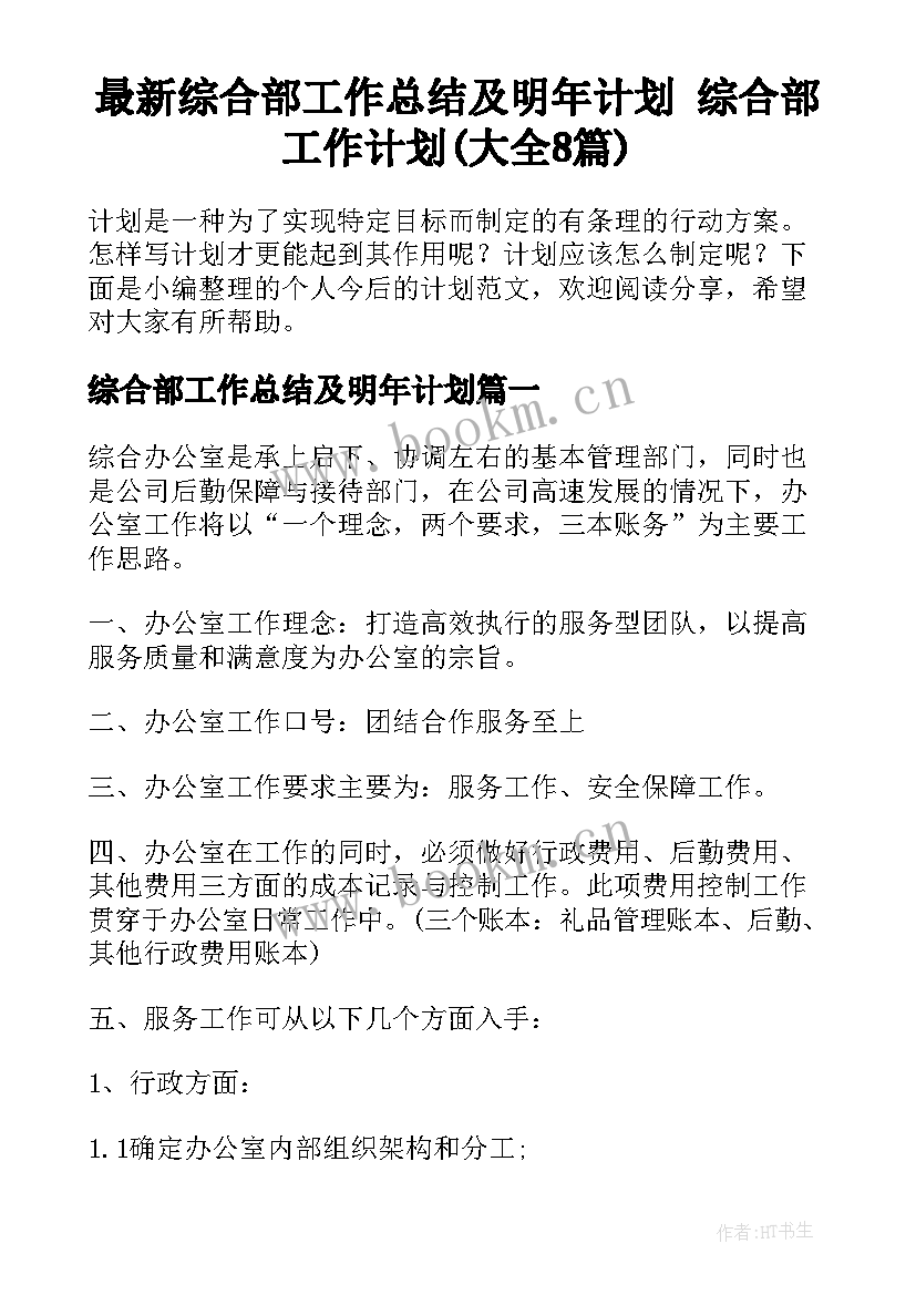 最新综合部工作总结及明年计划 综合部工作计划(大全8篇)