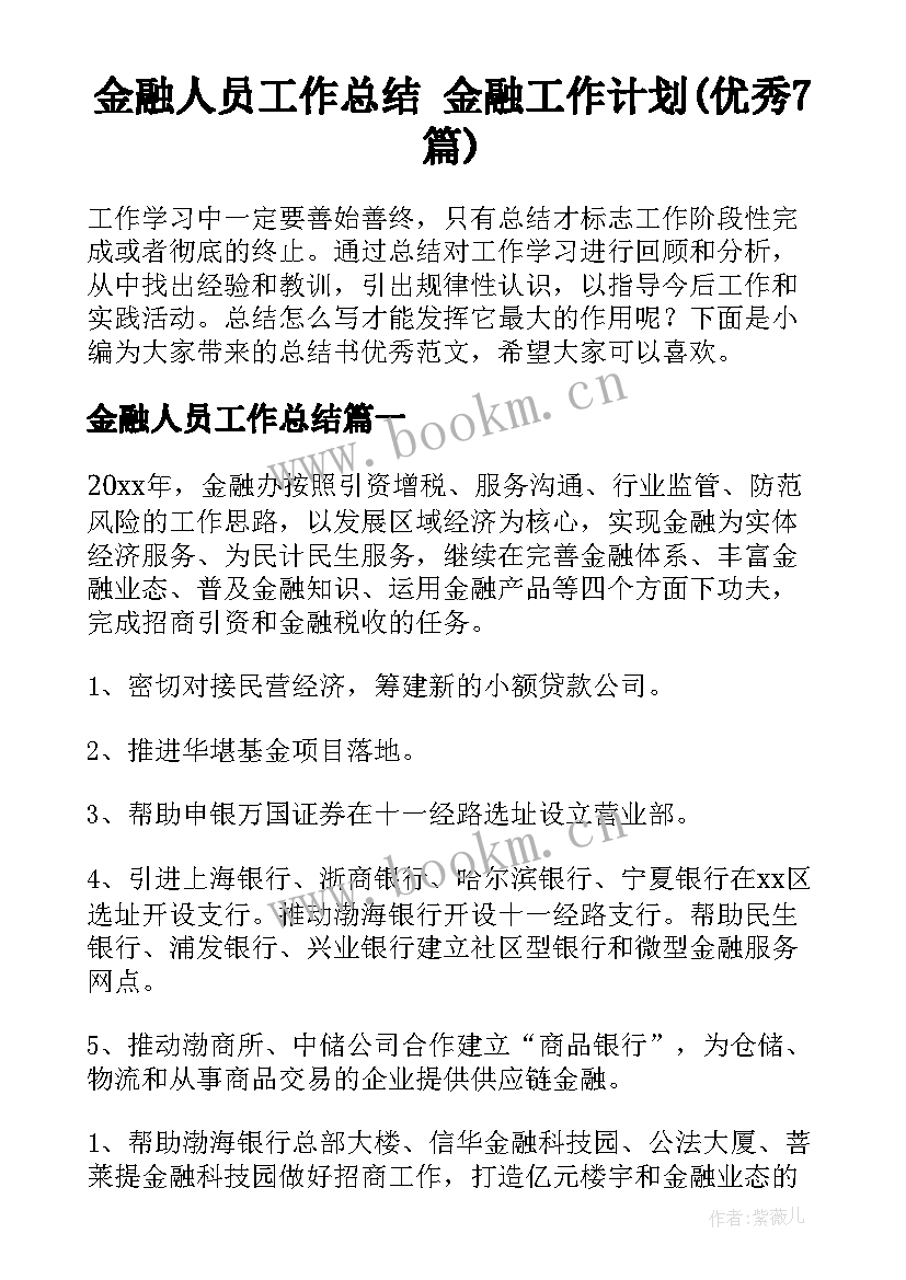 金融人员工作总结 金融工作计划(优秀7篇)