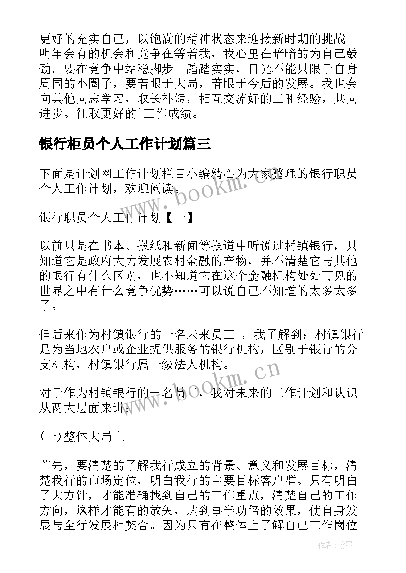 2023年银行柜员个人工作计划 银行个人工作计划(优质6篇)