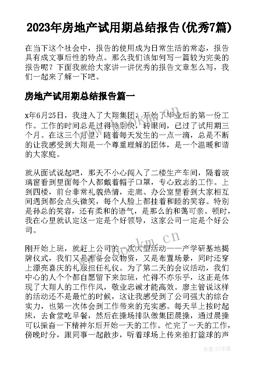 2023年房地产试用期总结报告(优秀7篇)