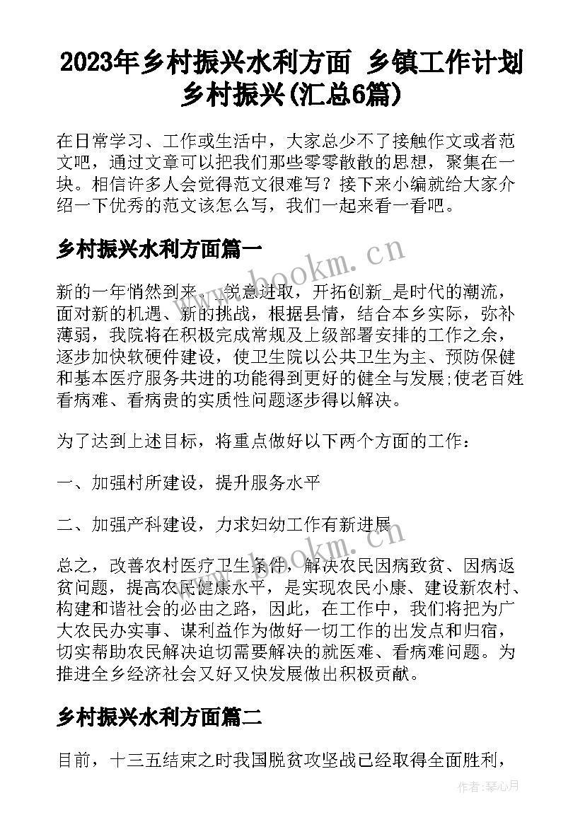 2023年乡村振兴水利方面 乡镇工作计划乡村振兴(汇总6篇)