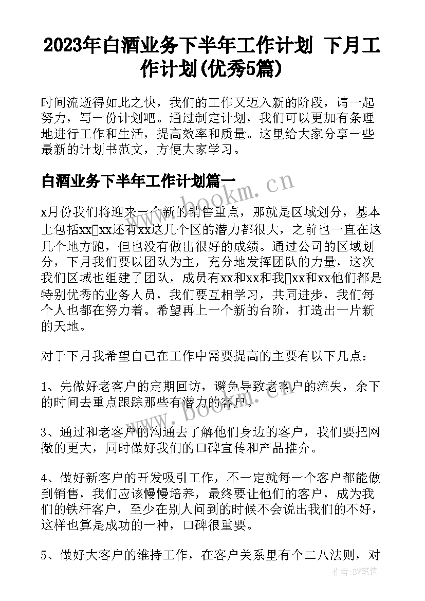 2023年白酒业务下半年工作计划 下月工作计划(优秀5篇)