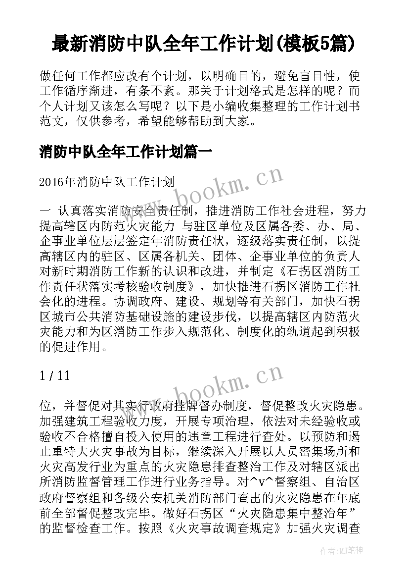 最新消防中队全年工作计划(模板5篇)