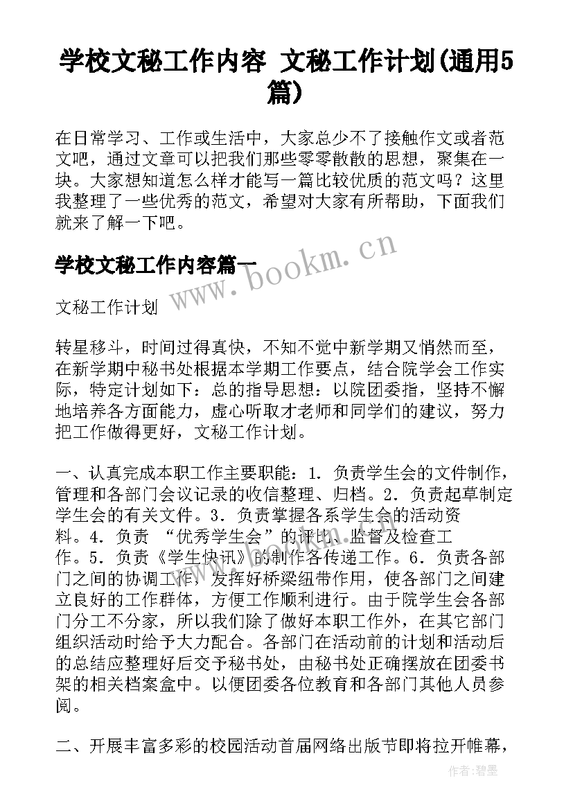 学校文秘工作内容 文秘工作计划(通用5篇)