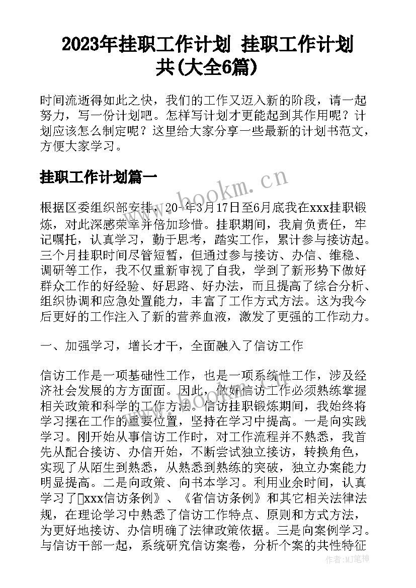 2023年挂职工作计划 挂职工作计划共(大全6篇)