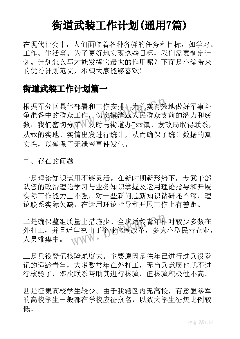 街道武装工作计划(通用7篇)