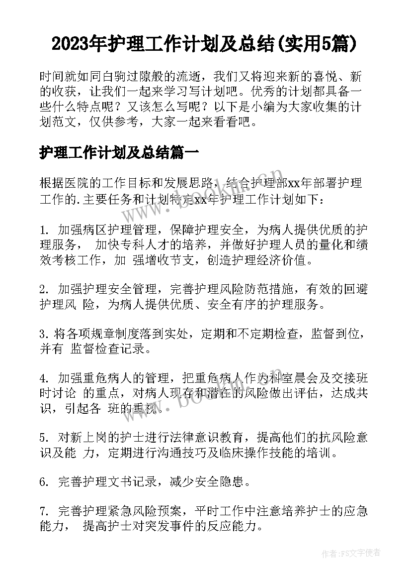 2023年护理工作计划及总结(实用5篇)