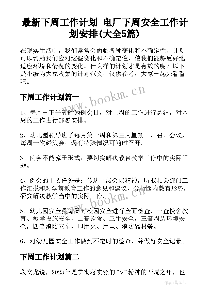 最新下周工作计划 电厂下周安全工作计划安排(大全5篇)