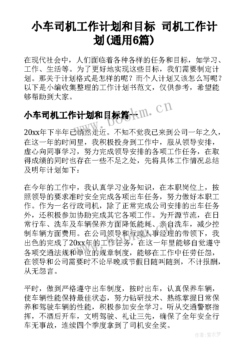 小车司机工作计划和目标 司机工作计划(通用6篇)