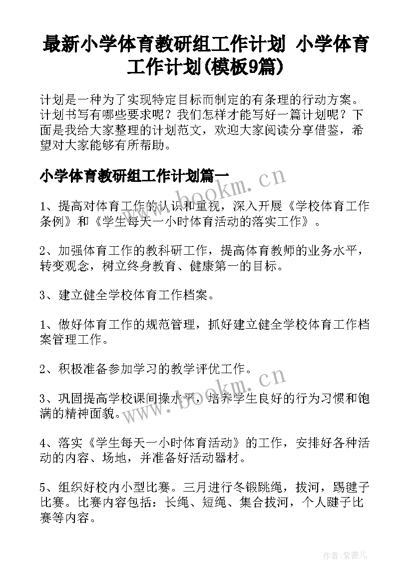 最新小学体育教研组工作计划 小学体育工作计划(模板9篇)