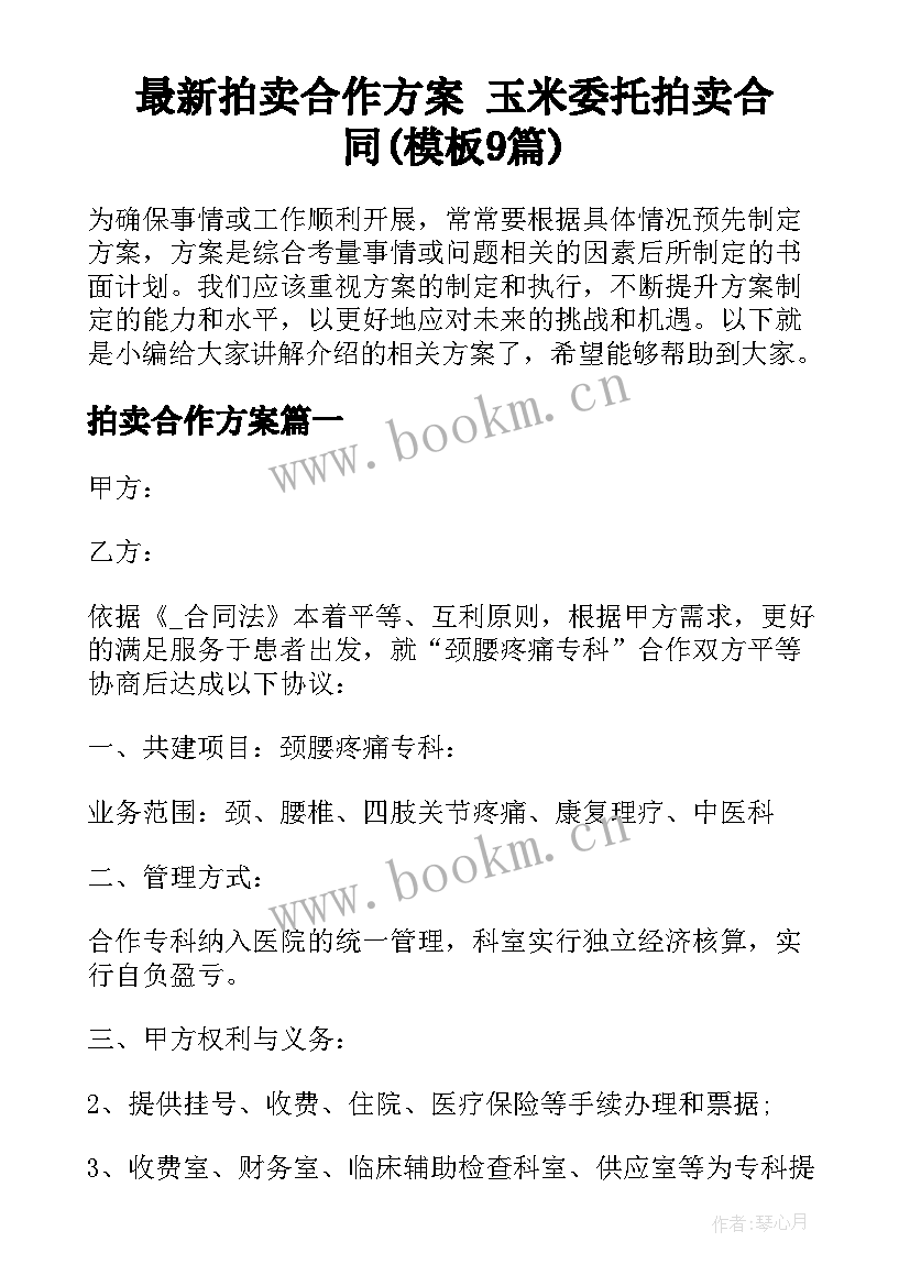 最新拍卖合作方案 玉米委托拍卖合同(模板9篇)