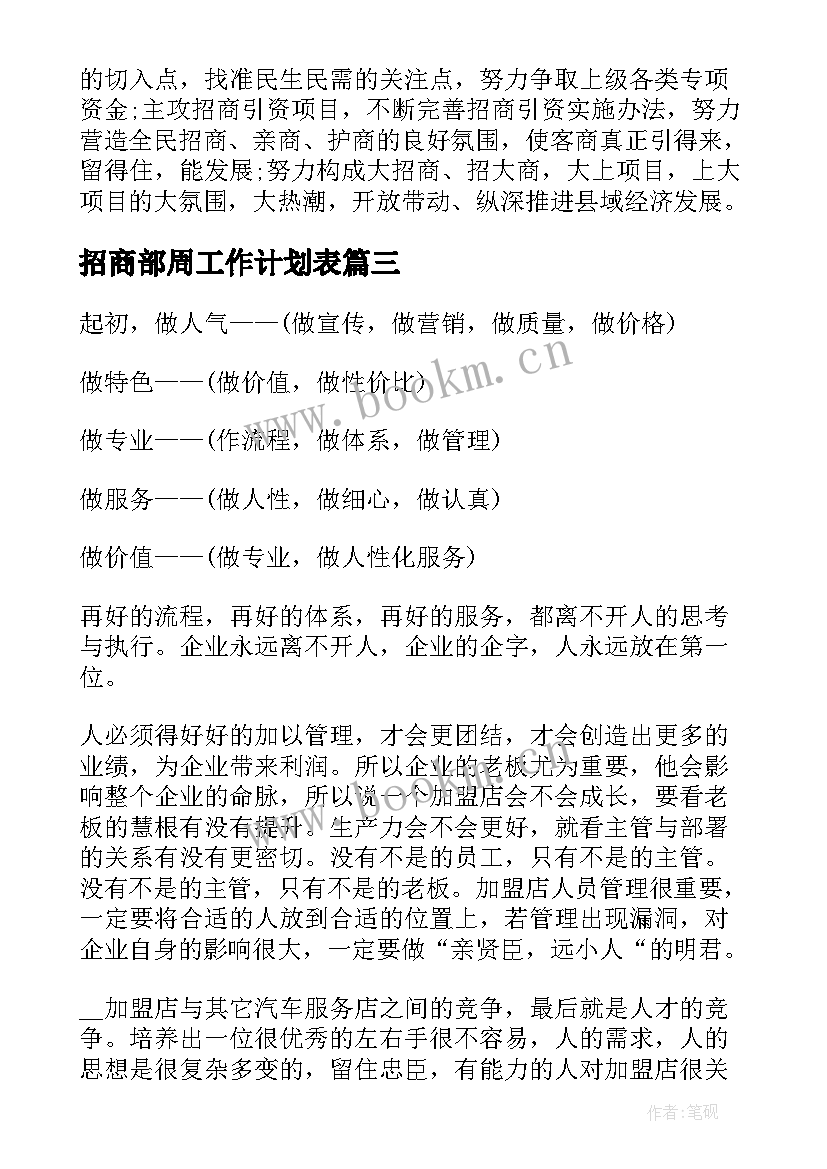 招商部周工作计划表 招商部门工作计划共(大全5篇)