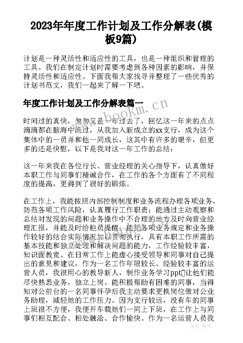 2023年年度工作计划及工作分解表(模板9篇)