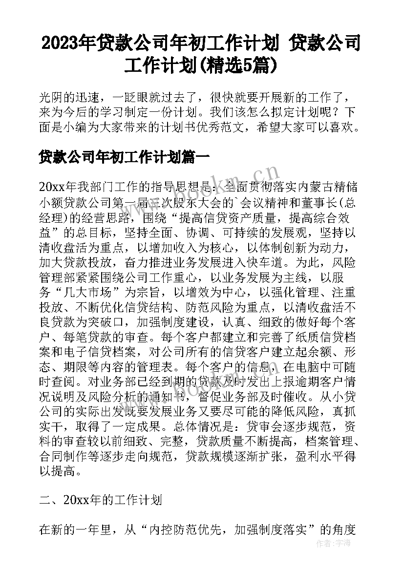 2023年贷款公司年初工作计划 贷款公司工作计划(精选5篇)