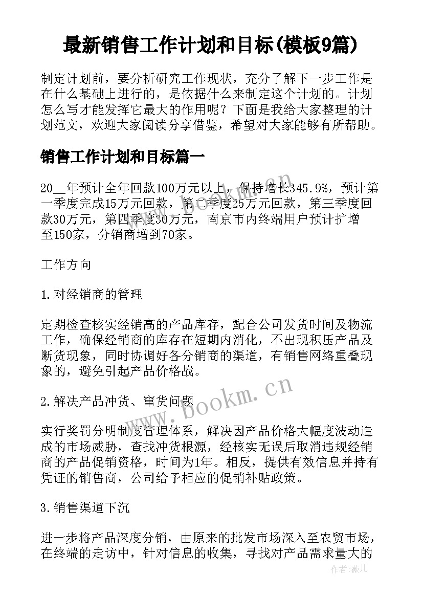 最新销售工作计划和目标(模板9篇)