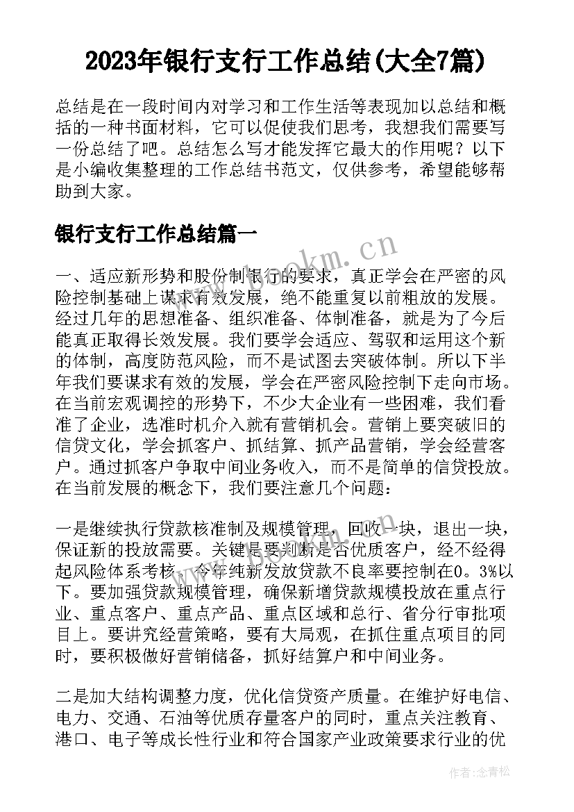 2023年银行支行工作总结(大全7篇)