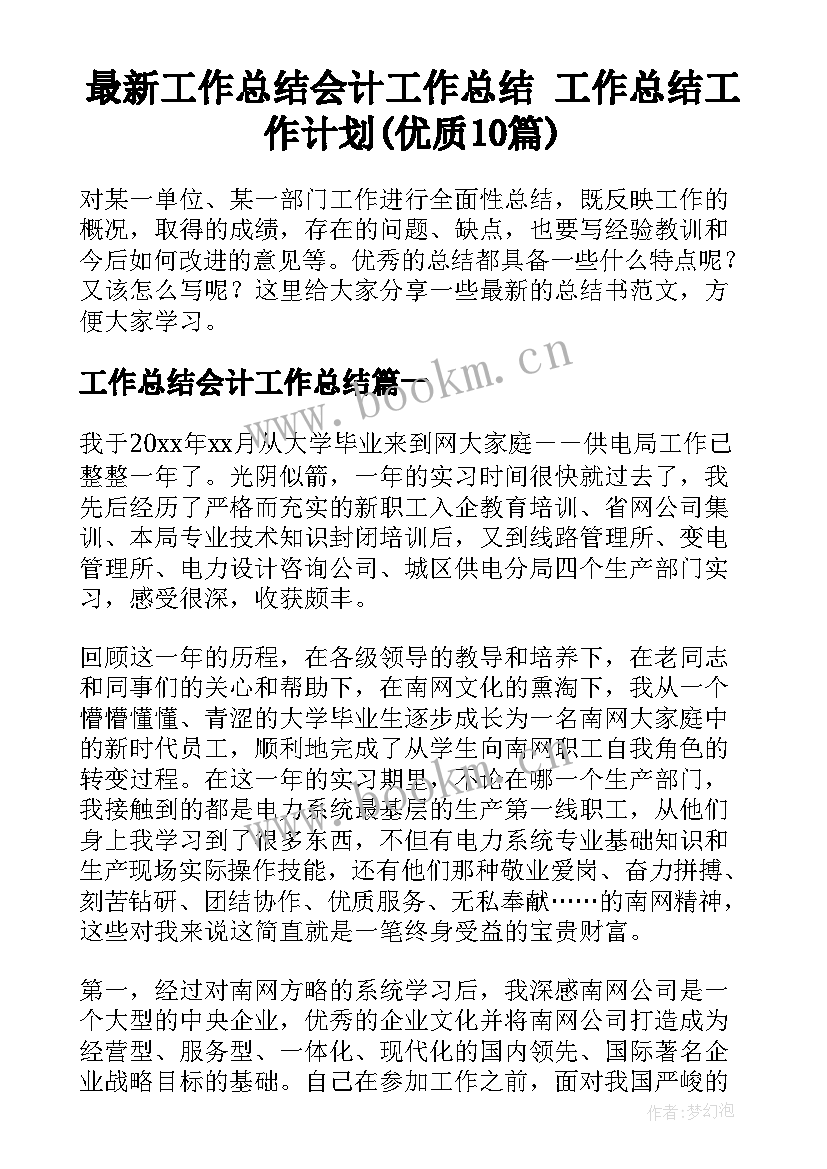 最新工作总结会计工作总结 工作总结工作计划(优质10篇)