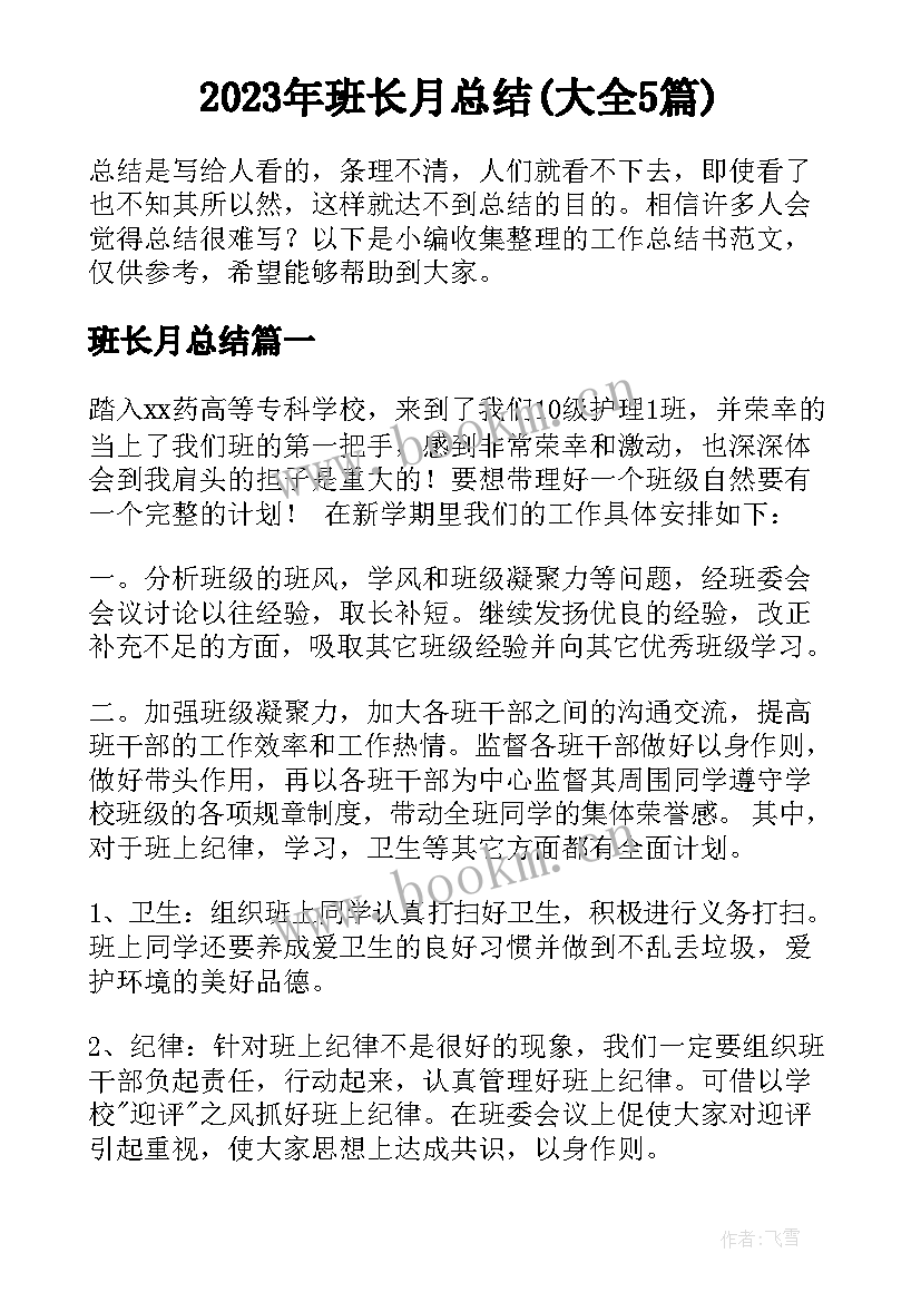 2023年班长月总结(大全5篇)