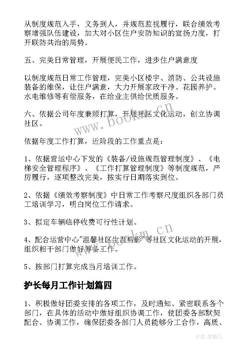 2023年护长每月工作计划 月度工作计划(优质6篇)