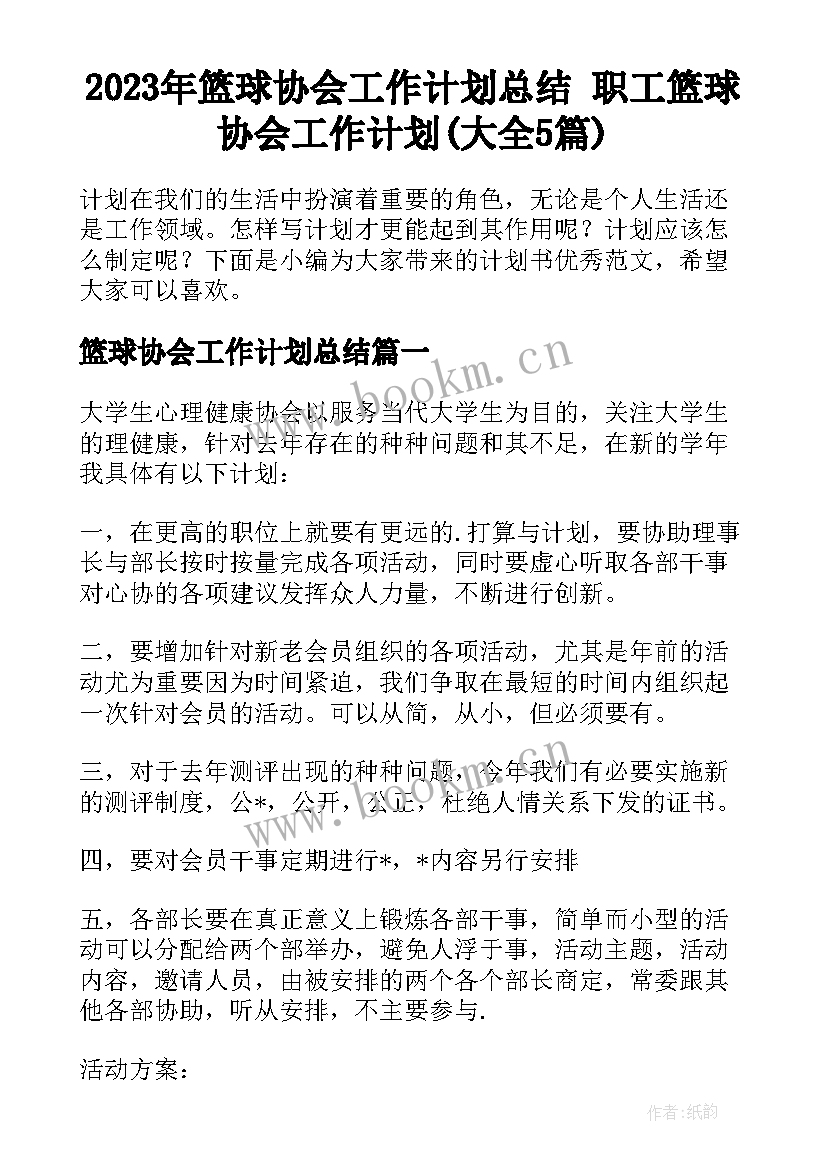 2023年篮球协会工作计划总结 职工篮球协会工作计划(大全5篇)