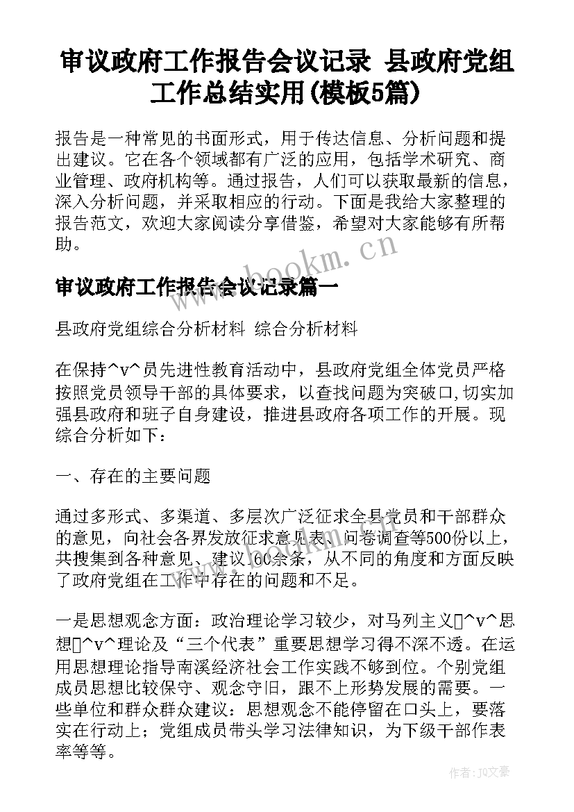 审议政府工作报告会议记录 县政府党组工作总结实用(模板5篇)